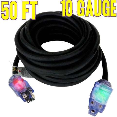 50 Foot 10 Gauge Power Extension Cord With Lighted Ends, 10 3 Contractor Grade Heavy Duty Tough As Nails Indoor Outdoor SJTW, 1875 Watt, 3 Prong, Flexible Copper Black