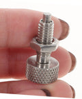 Heavy Duty Stainless Steel Retractable Spring Plunger Locking Pins With Knurled Handle 2 Pack Precision Indexing Plungers For Toolboxes And Shop Gear Built Tough To Snap Dead Tight And Glide Super Smooth held in hand, showing knurled handle.