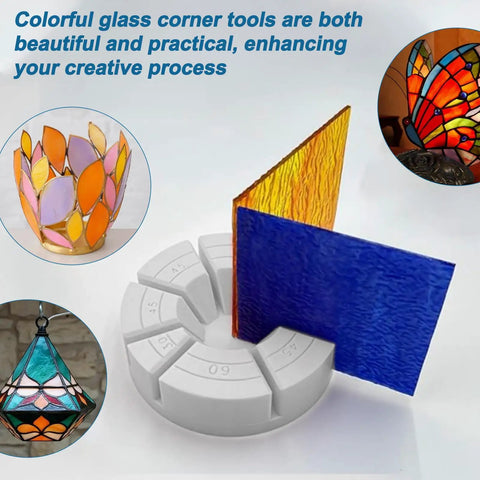 Rock Solid Glass Multi Angle Jig For Stained Glass Art Projects With 3D Soldering Station And Adjustable Copper Foil Vise featuring colorful glass pieces in a cutting station.