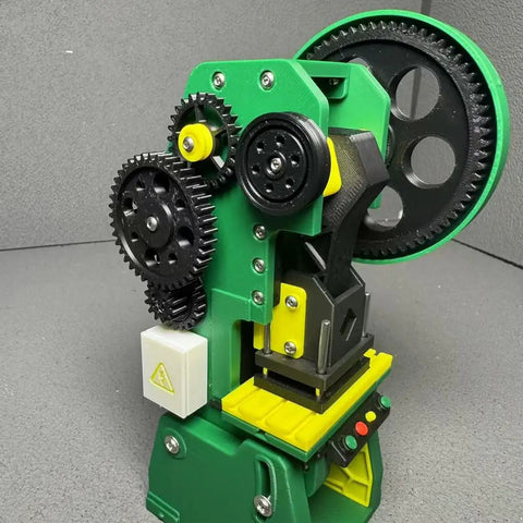 Dope 3D Printed Electric Punch Press Model With Motorized Gear Drive, Compact Plastic Build, Fully Assembled, Stainless Steel Screws, Integrated Control Module, Stable Base, USB Powered, 7x7x18cm; green desktop model with gears