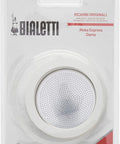 Bialetti gasket and filter set for 9-cup moka espresso makers; perforated metal filter with white ring.