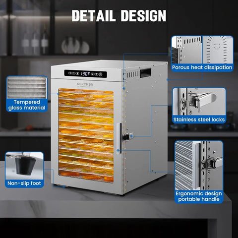 Heavy Duty 14 Tray Food Dehydrator Engineered From Commercial Grade Stainless Steel with tempered glass and stainless steel locks.