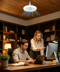 3 Color Dimmable - Flush Mount Ceiling Fan, Quiet Light Remote, Bedroom illuminating a workspace with a couple using laptops.