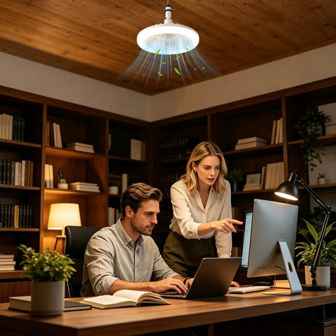 3 Color Dimmable - Flush Mount Ceiling Fan, Quiet Light Remote, Bedroom illuminating a workspace with a couple using laptops.