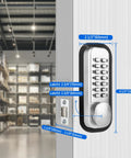 MX920 Double Keypad Mechanical 14 Key Combination Lock on door with size measurements in storage setting