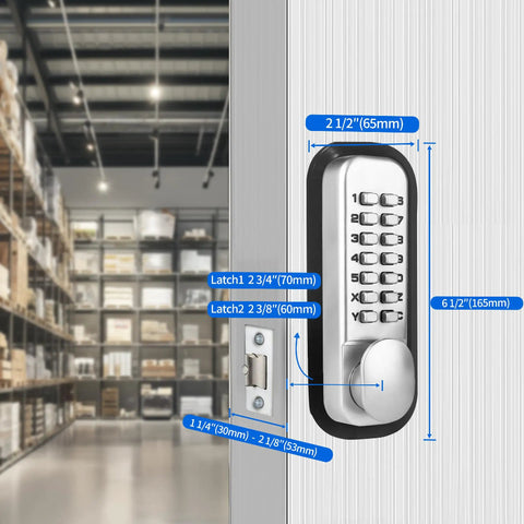 MX920 Double Keypad Mechanical 14 Key Combination Lock on door with size measurements in storage setting