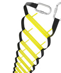 Close-up of yellow rungs and metal hooks of Three Story 25 Foot Rope Fire Escape Ladder For Home Use Third Floor Grab And Go Emergency Balcony Rescue Ladder Portable Foldable And Compact Lifesaving Tool Certified.