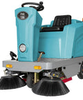 Badass Heavy Duty Ride On Industrial Floor Sweeper with 26.4 gallon hopper, front view showcasing dual brushes and controls.