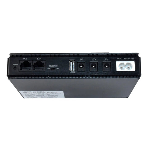 Mini Ups Battery Backup For Wifi Routers Featuring 10400mAh Rechargeable Cells And Poe Usb Outputs, back view showing ports and inputs.