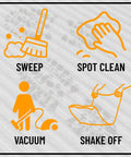 Diagram of cleaning methods for Hallway Runner Rug 2 Foot By 6 Foot Durable Non Slip Mat: sweep, spot clean, vacuum, shake off.