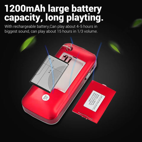 Open back view of a red Pocket Size AM FM Radio With 1200mAh Battery For All Day Power, showing battery compartment.