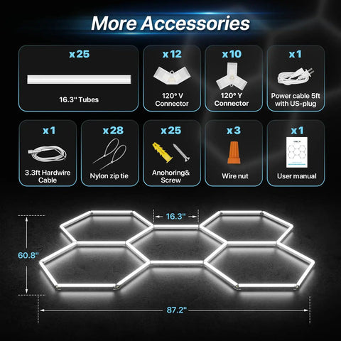 Gen II Hexagon LED Light 168W 16800LM with accessories including tubes, connectors, power cables, and installation tools.