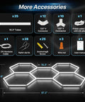 Gen 2 Hexagon Garage LED Light With 3 Level Dimmable Power 168W 16800LM Beast Mode with accessory list and dimensions.