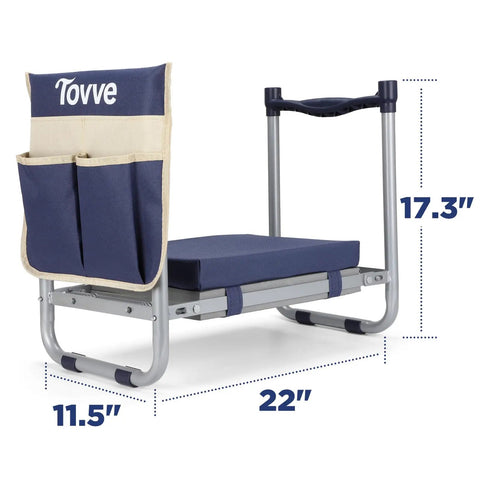 Side view of Foldable Garden Kneeler And Seat 2 In 1 Heavy Duty Bench with 10 inch wide detachable kneeling pad and tool bag.