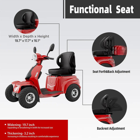 Functional seat features of Badass Two In One Electric Golf Cart And Adult Mobility Scooter with adjustable dimensions.