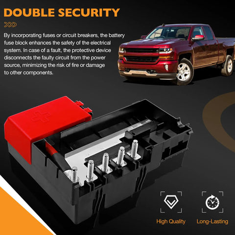 Badass Heavy Duty Battery Distribution Fuse Block Replacement Fits Chevy Silverado Gmc Sierra Cadillac Escalade Yukon Tahoe Suburban Factory Oem 84354716 22985570 showing fuses in red and black housing for durability.