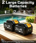 Two 21V batteries on a wooden table, featuring a large capacity and battery indicators for Heavy Duty Cordless Water Pump With 720 GPH Output And 29 Ft Max Lift Featuring A Slick 2.2 Inch Compact Profile Dual 21V Power Packs 90 Min Runtime And No Sweat One Push Operation For Easy Pool And Basement Draining.