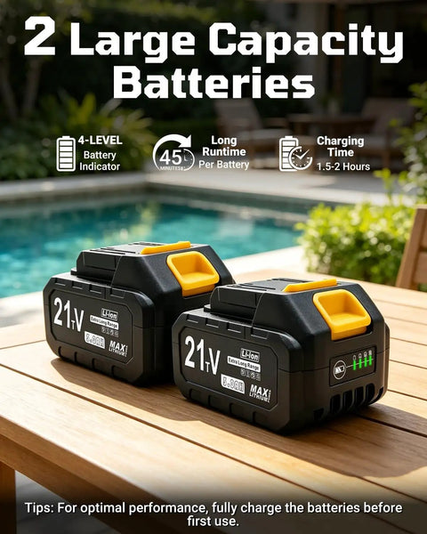 Two 21V batteries on a wooden table, featuring a large capacity and battery indicators for Heavy Duty Cordless Water Pump With 720 GPH Output And 29 Ft Max Lift Featuring A Slick 2.2 Inch Compact Profile Dual 21V Power Packs 90 Min Runtime And No Sweat One Push Operation For Easy Pool And Basement Draining.
