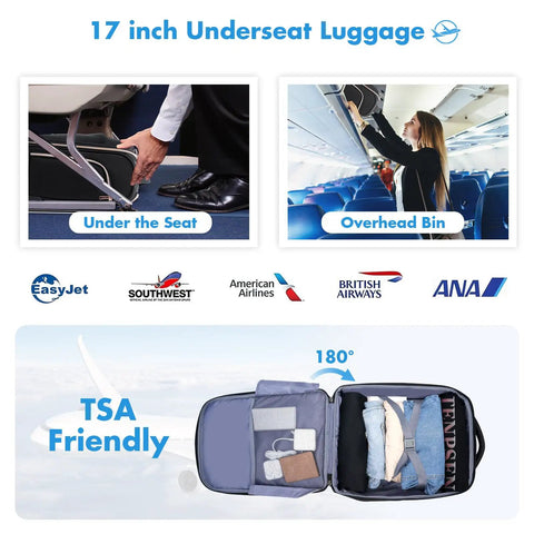 Diagram showing 17 inch underseat luggage placed under airplane seat and in overhead bin, displaying easy open TSA-friendly design.
