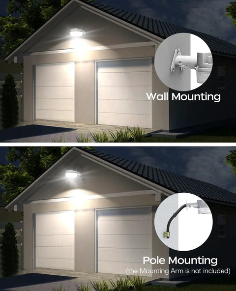 Led Barn Light Outdoor Flood Security Light 42W 5000K Dusk To Dawn LED Flood, 4950 Lumen mounted on wall and pole on garage
