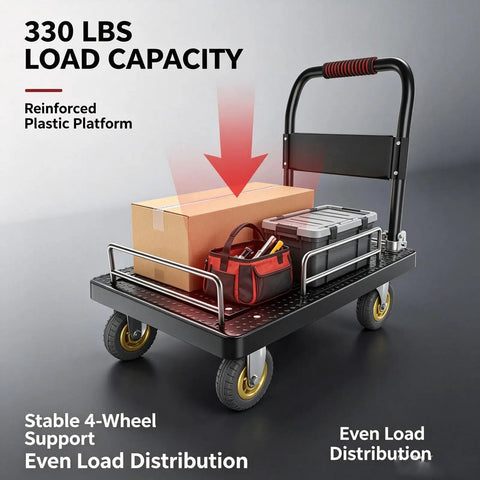 Foldable Guardrail Platform Hand Truck With 330 Lb Capacity Lightweight Flatbed Dolly Cart On 5 Inch Silent Wheels 71x47 Cm Rolling Trolley, loaded box view