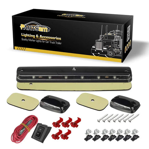 Clear Lens Cab Roof Marker Lights With 12 LED Amber Top Assembly For Silverado And Sierra Rigs 2007 2008 2009 2010 2011 2012 2013 2014 Fits 1500 2500 3500 2500HD 3500HD displayed with wiring and mounting hardware
