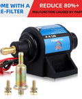 Micro Electric Gasoline Fuel Pump Five Sixteenth Inch Inlet And Outlet Universal Fit For Carbureted Engines 12V 1 To 2 Amp 35 GPH Four To Seven PSI Easy Install Booster Transfer Pump For Cars And Trucks, front view with fittings and wires