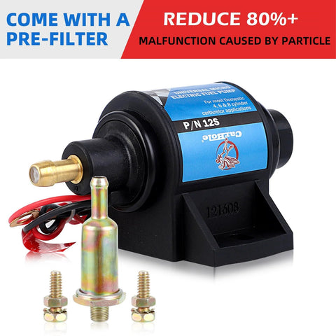 Micro Electric Gasoline Fuel Pump Five Sixteenth Inch Inlet And Outlet Universal Fit For Carbureted Engines 12V 1 To 2 Amp 35 GPH Four To Seven PSI Easy Install Booster Transfer Pump For Cars And Trucks, front view with fittings and wires