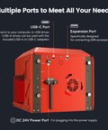 Back view of a red AlgoLaser 3W portable laser engraver showing USB-C, expansion, and 24V DC power ports.