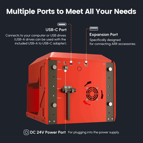 Back view of a red AlgoLaser 3W portable laser engraver showing USB-C, expansion, and 24V DC power ports.