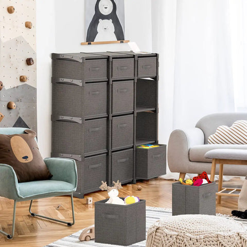 12 Cube Storage Organizer Set With Fabric Cubes And Steel Frame Dope Build Sturdy DIY Cube Shelves for playroom, neutral gray