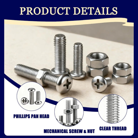 Everyday Tiny Stainless Steel Micro Screws And Nuts Kit with Phillips pan head, includes clear thread details