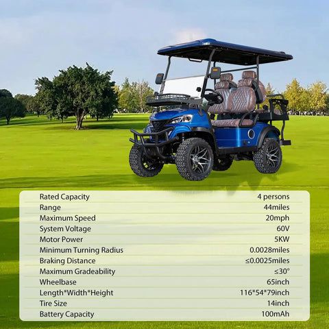 Rugged Off Road 4 Seater Electric Golf Cart With 5 Kw Motor And Hella Smooth Ride For Park Tours And Hotel Shuttles Featuring Fast Charging And Tons Of Trunk Room In Fresh Blue parked on a green lawn.
