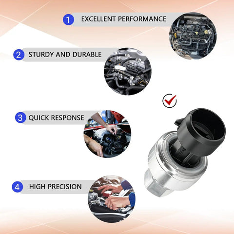 AC High Pressure Sensor Switch For Cars And SUVs HVAC System High Pressure Transducer Replacement Part With OEM 1551343 13587668 Refrigerant Pressure Sensor For Buick Cadillac Pontiac Saturn Chevy GMC, showing product detail and installation benefits