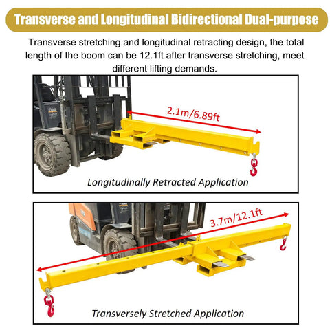 Heavy Duty 2 Ton Telescopic Forklift Jib Boom Built Tough To Kick Some Serious Weight Smooth 12 Foot Extendable Crane Arm with dual modes.