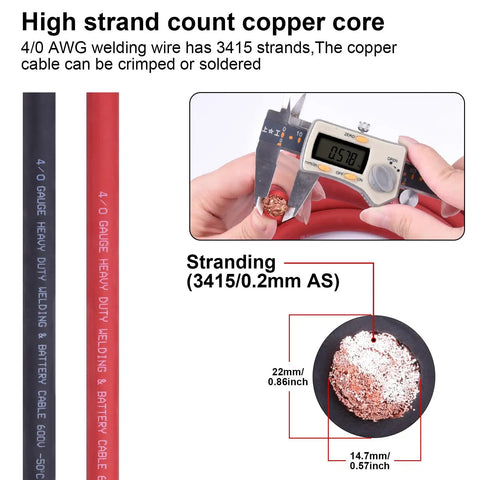 4/0 Gauge Welding Battery Cable Kit With 5 Ft Black And 5 Ft Red Copper Wire, 5/16 Inch And 3/8 Inch Copper Lugs, Heat Shrink Tubing, Heavy Duty Power Cable For Car, Solar, Marine, And RV Inverters showing 4/0 copper strands and wire diameter