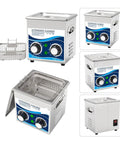 Heavy Duty 150W Ultrasonic Cleaner Machine With Digital Timer And Heater, 1.3L tank, stainless steel, multiple angles.