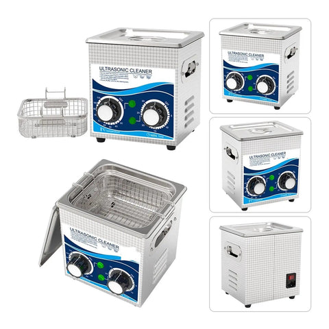 Heavy Duty 150W Ultrasonic Cleaner Machine With Digital Timer And Heater, 1.3L tank, stainless steel, multiple angles.
