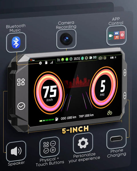 5-inch digital display for Badass 6000W Dual Motor Fat Tire Electric Bike showing speed, odometer, and controls.