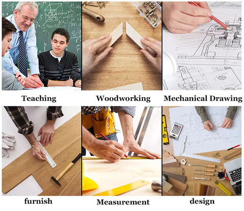 Collage of Dope Protractor Angle Finder And Woodworking Ruler Set With T Square And T Ruler used in various professional settings