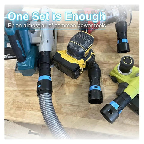Heavy Duty 5 Adapter Woodworking Dust Collection Hose Kit With 10 Feet Flex Vacuum Hose For Home Shop attached to power tools.