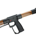 Wood Mahogany Spearfishing Kit With 42 Inch Spear Gun handle close-up, showing mahogany build and trigger detail.