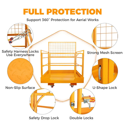 Heavy Duty Forklift Safety Cage With 1400 Lbs Capacity Rock Solid Steel Aerial Lift Basket with strong mesh, non-slip surface, and safety locks.