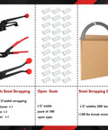 Pro Grade 1/2 Inch Steel Strapping Kit 200 Feet Roll With 1100 Lb Break Strength Tensioner Crimper Cutter And 100 Metal Seals displayed with tools and seals.