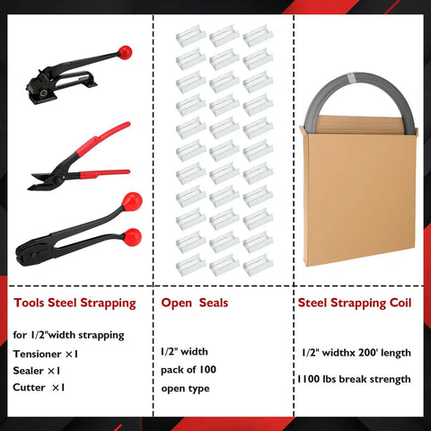 Pro Grade 1/2 Inch Steel Strapping Kit 200 Feet Roll With 1100 Lb Break Strength Tensioner Crimper Cutter And 100 Metal Seals displayed with tools and seals.