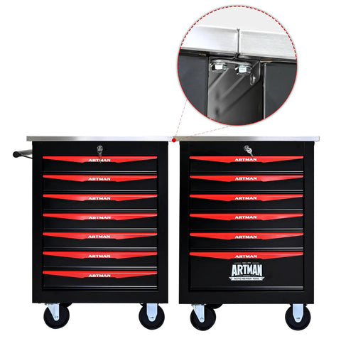 Heavy Duty Steel Tool Cabinet With Lock And Ball Bearing Drawers On Mobile Wheels For Garage Or Workshop Smooth Quiet Drawer Operation