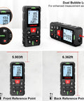 Laser Distance Meter With Dual Bubble Levels, Measures Up To 328 Feet, 4 Unit Conversions, Backlit LCD Display, IP54 Waterproof, Pythagorean Mode For Distance Area And Volume, Ultra Accurate To One Sixteenth Inch, Easy Grip Handheld Tool showing front and back reference points
