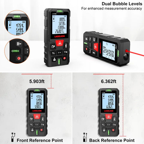 Laser Distance Meter With Dual Bubble Levels, Measures Up To 328 Feet, 4 Unit Conversions, Backlit LCD Display, IP54 Waterproof, Pythagorean Mode For Distance Area And Volume, Ultra Accurate To One Sixteenth Inch, Easy Grip Handheld Tool showing front and back reference points