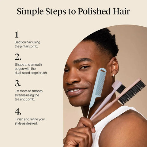 Detail And Define Hair Styling Kit With Pintail Comb Edge Brush And Teasing Tool For Slick Back Styles guide steps image.