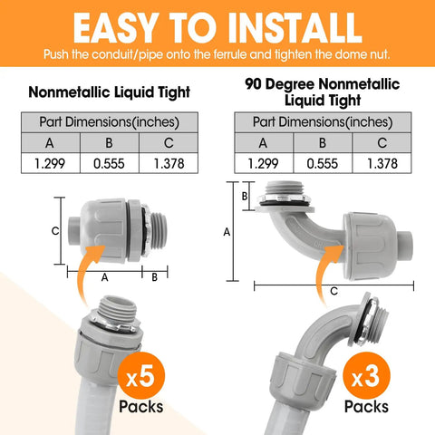 Diagram showing easy installation of 100 Ft Liquid Tight Conduit And Connector Kit with dimensions and fittings for wire pulling.